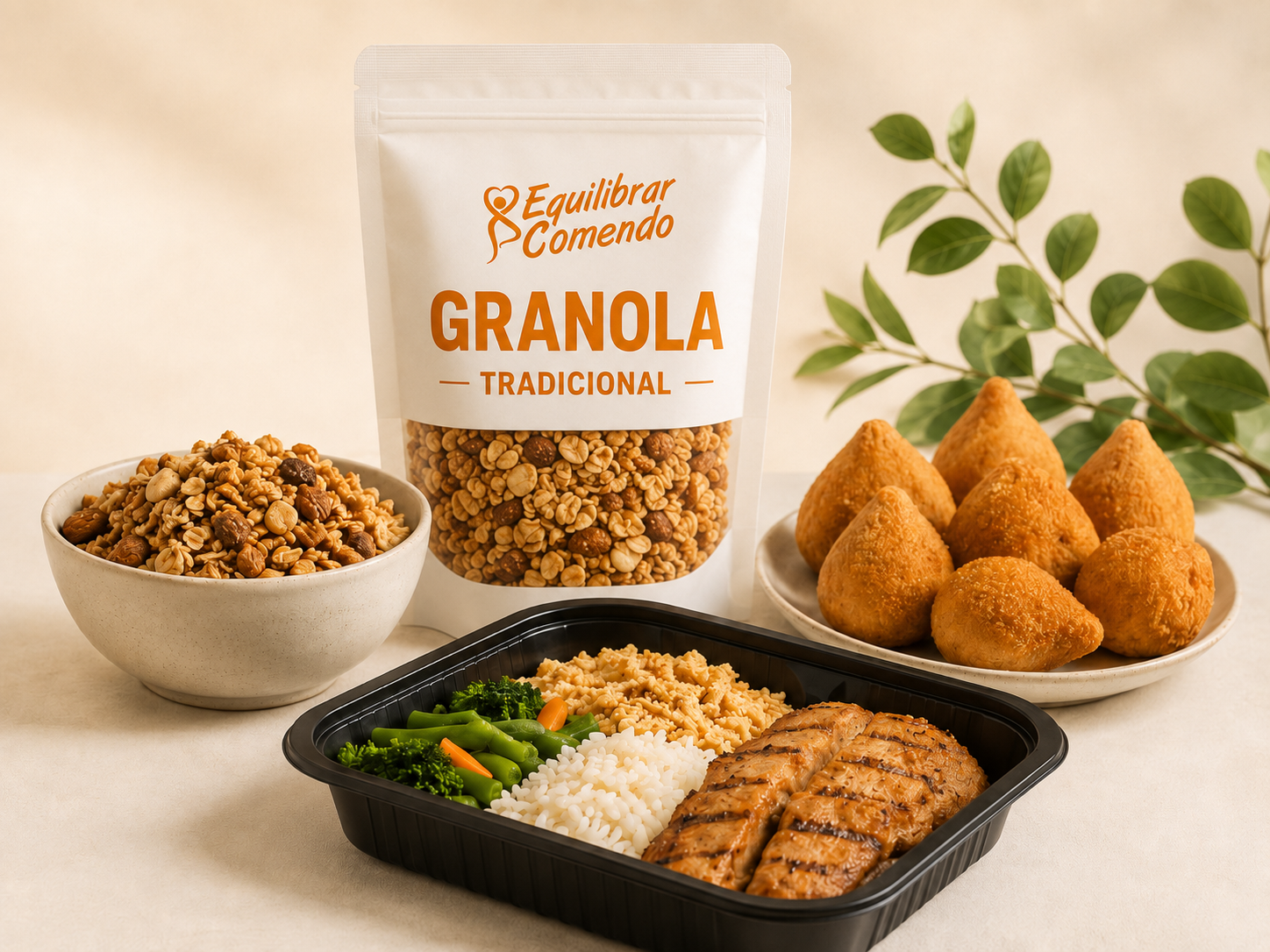 Granola, salgados saudáveis e marmita produzidos pela Equilibrar Comendo